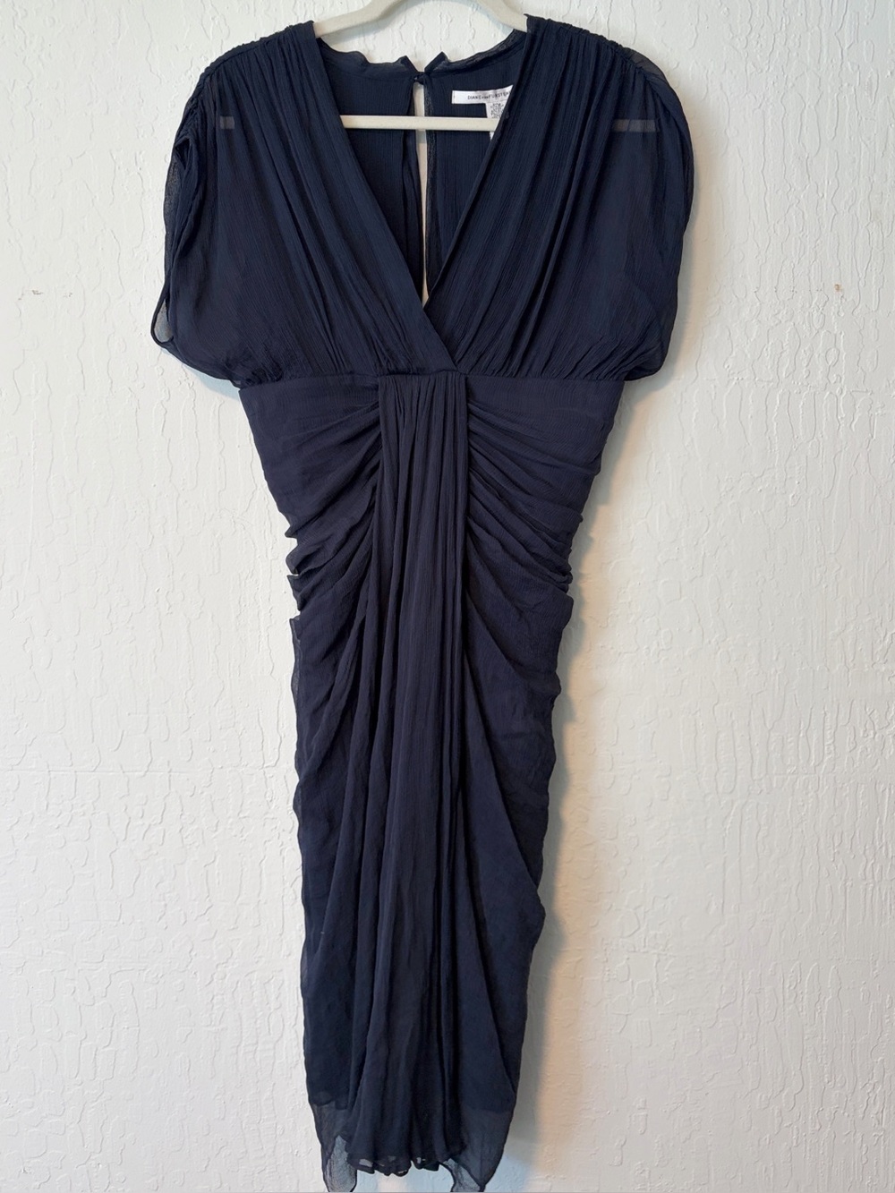DVF Silk Navy Layered Draped V-Neck Cocktail Dress